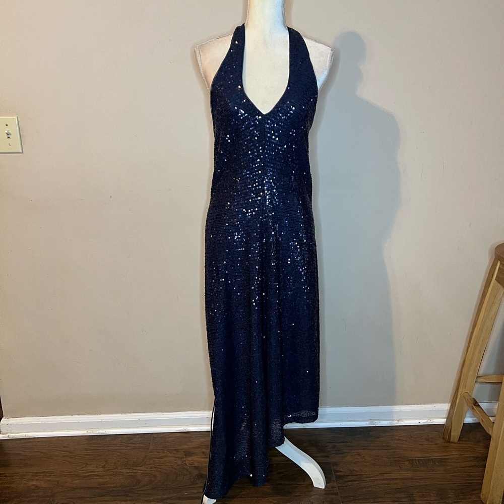 💃🏻BCBGeneration Blue Sequin Asymmetrical Halter Dress - Picture 2 of 6